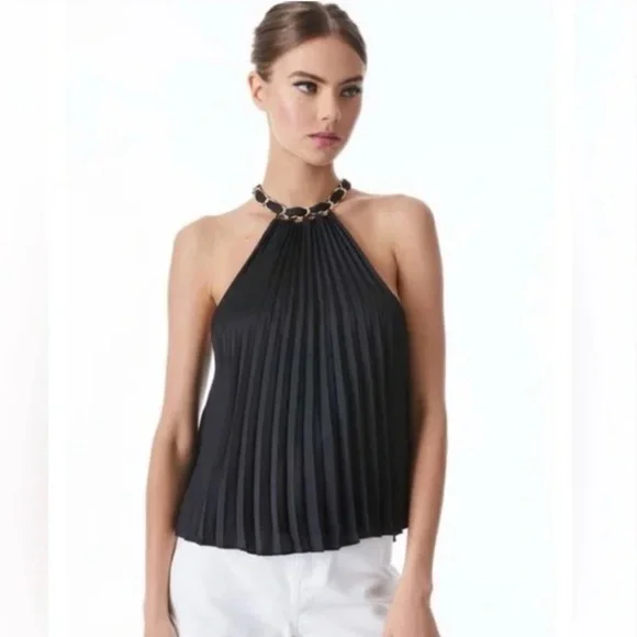 NEW Alice+Olivia Alycia Black Pleated Halter Top with chain  S. G969 - Picture 3 of 7